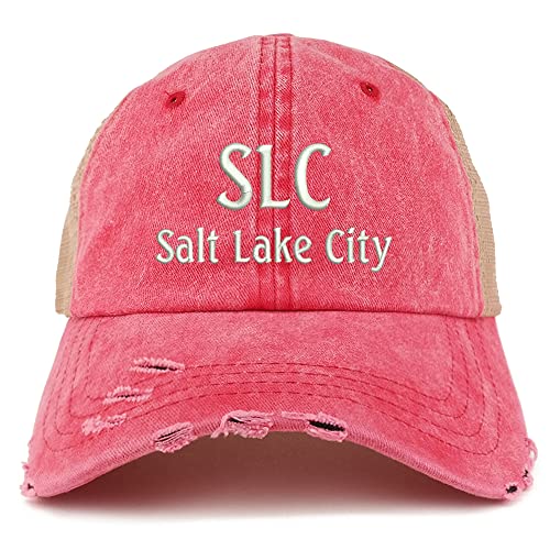 Trendy Apparel Shop SLC Salt Lake City Embroidered Frayed Bill Trucker Mesh Back Cap