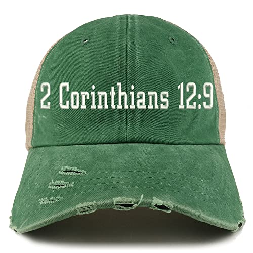 Trendy Apparel Shop 2 Corinthians 12:9 Frayed Bill Trucker Mesh Back Cap