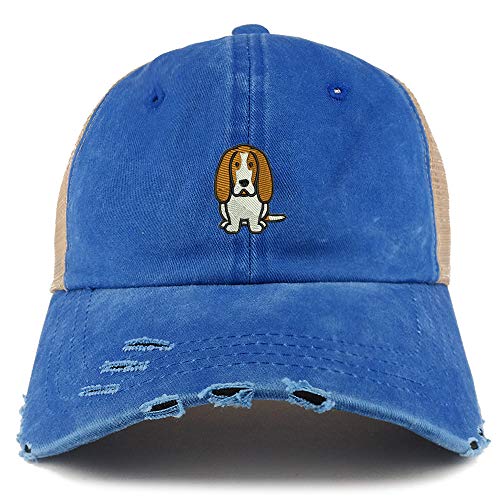 Trendy Apparel Shop Basset Hound Dog Embroidered Frayed Bill Trucker Mesh Back Cap