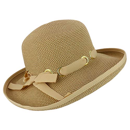 Trendy Apparel Shop UPF 50+ Kettle Brim Paper Braid Tweed Ribbon Gromet Tie Hat
