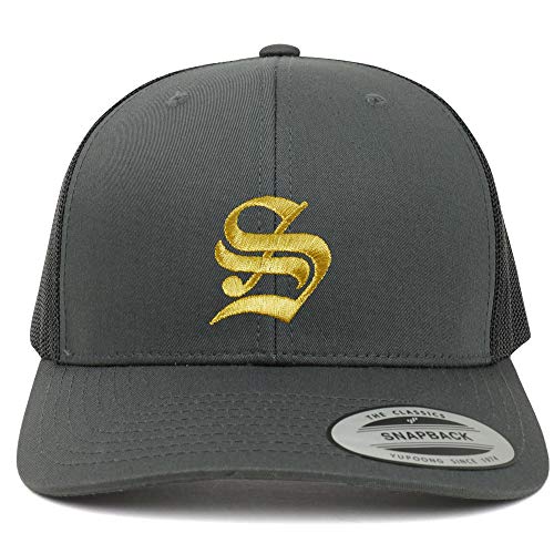 Trendy Apparel Shop Old English Gold S Embroidered Retro Trucker Mesh Baseball Cap