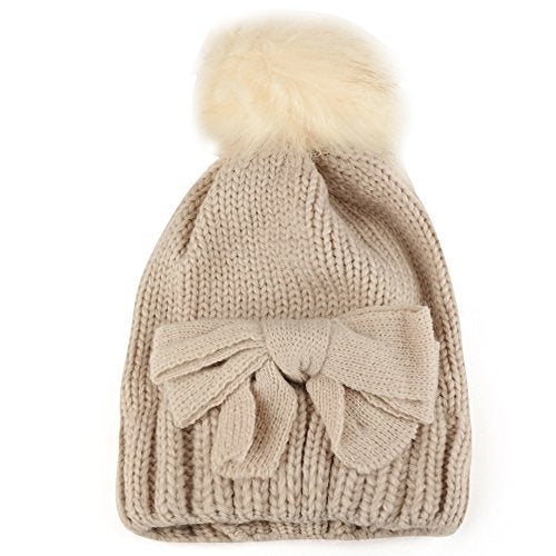 Trendy Apparel Shop Kid's Girl Bow Knit Beanie with Fur Pom Pom