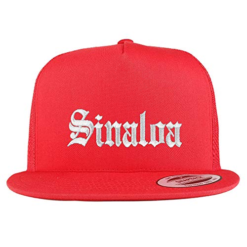 Trendy Apparel Shop Old English Sinaloa White Embroidered 5 Panel Flatbill Trucker Mesh Cap