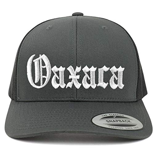 Trendy Apparel Shop Old English Oaxaca White Embroidered Retro Trucker Mesh Cap