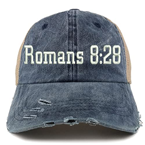 Trendy Apparel Shop Romans 8:28 Frayed Bill Trucker Mesh Back Cap