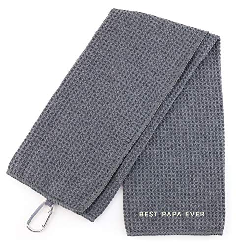 Trendy Apparel Shop Best Papa Ever One Line Embroidered Trifold Waffle Textured Microfiber Gold Towel with Carabiner