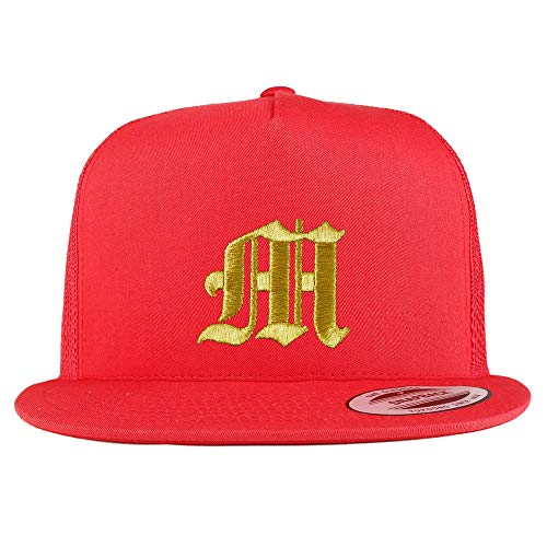 Trendy Apparel Shop Old English Gold M Embroidered 5 Panel Flatbill Trucker Mesh Cap