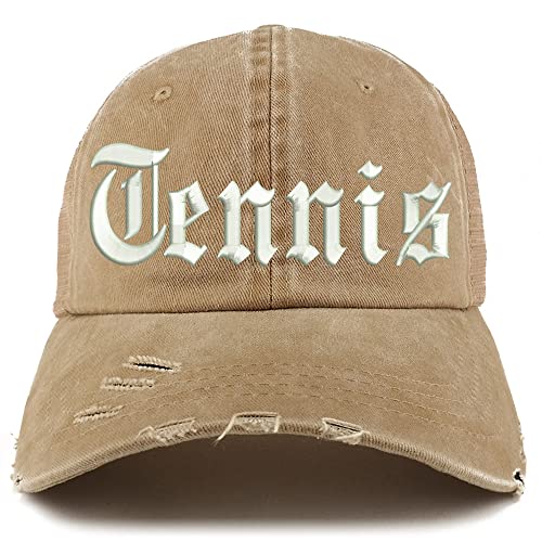 Trendy Apparel Shop Old English Tennis Frayed Bill Trucker Mesh Back Cap