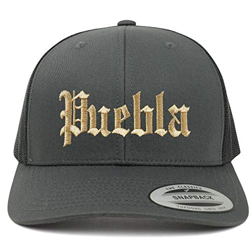 Trendy Apparel Shop Old English Puebla Gold Embroidered Retro Trucker Mesh Cap