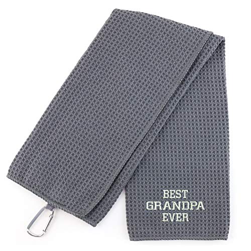 Trendy Apparel Shop Best Grandpa Ever Embroidered Trifold Waffle Textured Microfiber Gold Towel with Carabiner