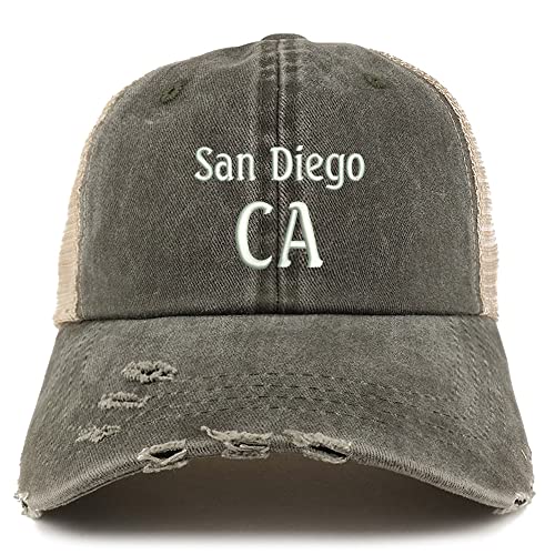 Trendy Apparel Shop San Diego CA Embroidered Frayed Bill Trucker Mesh Back Cap