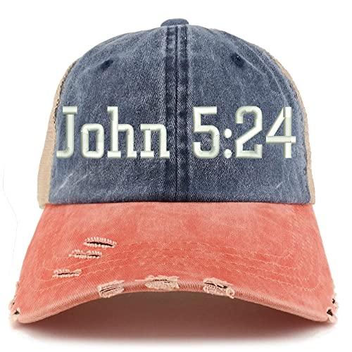 Trendy Apparel Shop John 5:24 Frayed Bill Trucker Mesh Back Cap