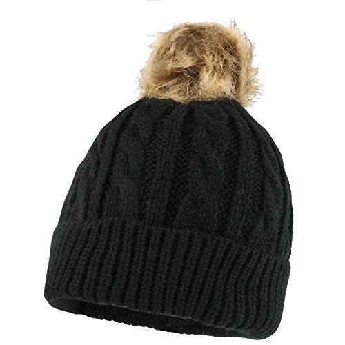 Trendy Apparel Shop Kid's Cable Knit Cuffed Up Fur Pom Winter Beanie