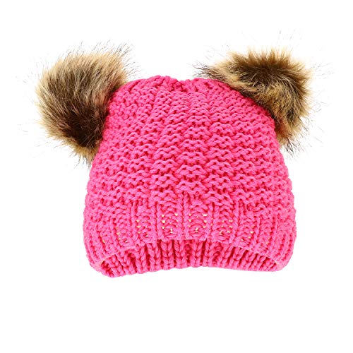 Trendy Apparel Shop Kid's Youth Size Girls Fur pom Ears Crochet Knit Beanie Hat
