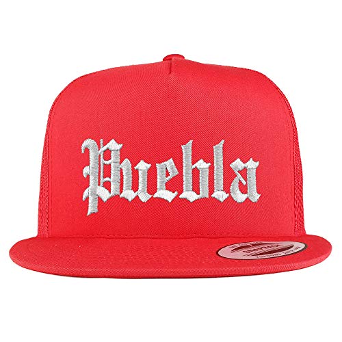 Trendy Apparel Shop Old English Puebla White Embroidered 5 Panel Flatbill Trucker Mesh Cap