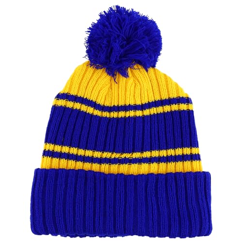 Trendy Apparel Shop Stripe Pattern Ribbed Knit Cuff Long Beanie with Pom Pom