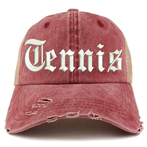 Trendy Apparel Shop Old English Tennis Frayed Bill Trucker Mesh Back Cap