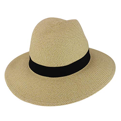 Trendy Apparel Shop UPF 50+ Paper Braid Tweed Large Flat Brim Fedora Hat