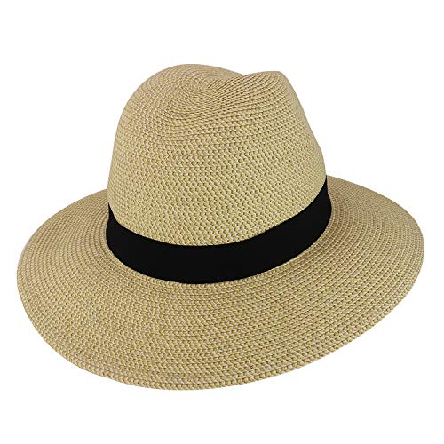 Trendy Apparel Shop UPF 50+ Paper Braid Tweed Large Flat Brim Fedora Hat