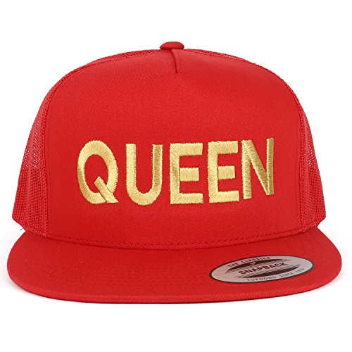 Trendy Apparel Shop Queen Gold Embroidered 5 Panel Flat Bill Mesh Cap