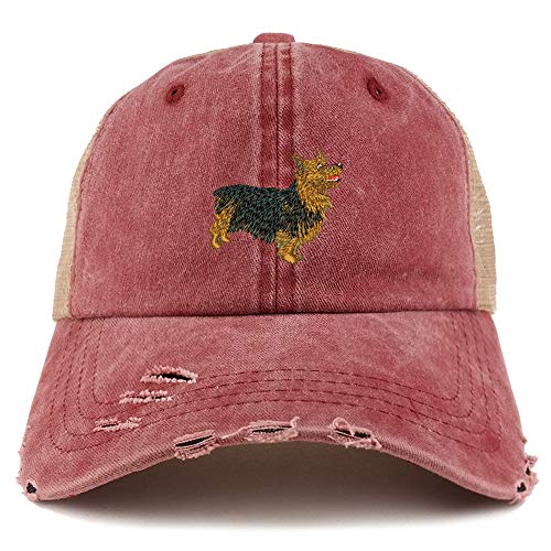 Trendy Apparel Shop Australian Terrier Dog Embroidered Frayed Bill Trucker Mesh Back Cap