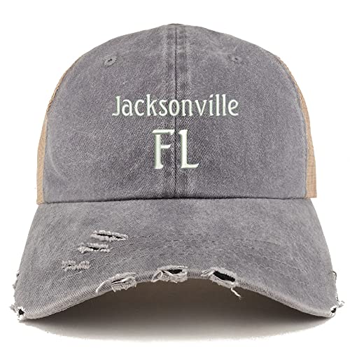 Trendy Apparel Shop Jacksonville FL Embroidered Frayed Bill Trucker Mesh Back Cap