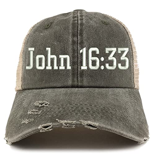 Trendy Apparel Shop John 16:33 Frayed Bill Trucker Mesh Back Cap