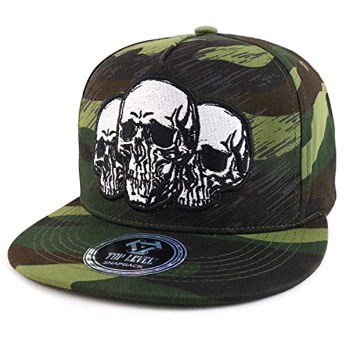 Trendy Apparel Shop Three Skull Embroidered Flatbill Cotton Snapback Cap