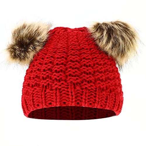 Trendy Apparel Shop Kid's Youth Size Girls Fur pom Ears Crochet Knit Beanie Hat