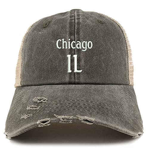 Trendy Apparel Shop Chicago IL Embroidered Frayed Bill Trucker Mesh Back Cap
