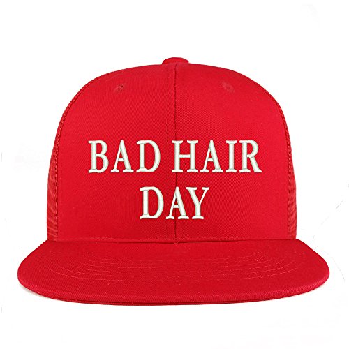 Trendy Apparel Shop Bad Hair Day Embroidered Cotton Flat Bill Mesh Back Trucker Cap