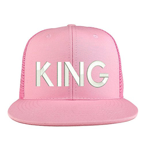 Trendy Apparel Shop King Embroidered Cotton Flat Bill Mesh Back Trucker Cap