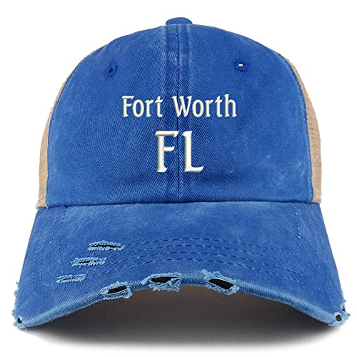 Trendy Apparel Shop Fort Worth FL Embroidered Frayed Bill Trucker Mesh Back Cap