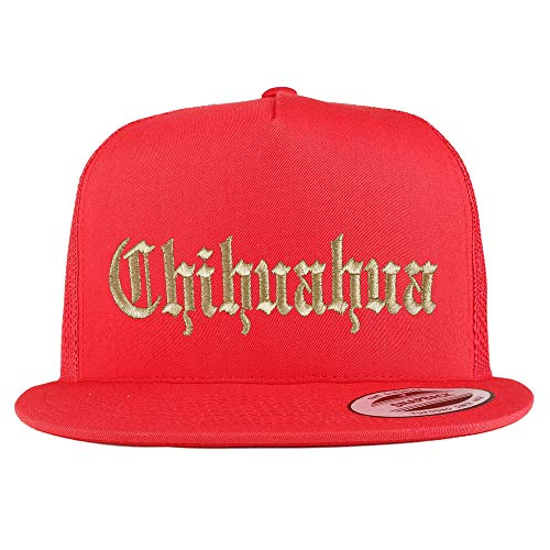 Trendy Apparel Shop Old English Chihuahua Gold Embroidered 5 Panel Flatbill Trucker Mesh Cap