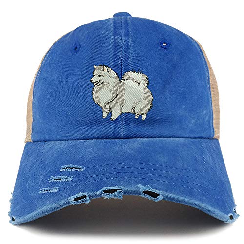 Trendy Apparel Shop Spitz Dog Embroidered Frayed Bill Trucker Mesh Back Cap
