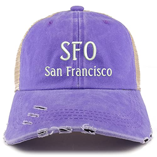 Trendy Apparel Shop SFO San Francisco Embroidered Frayed Bill Trucker Mesh Back Cap