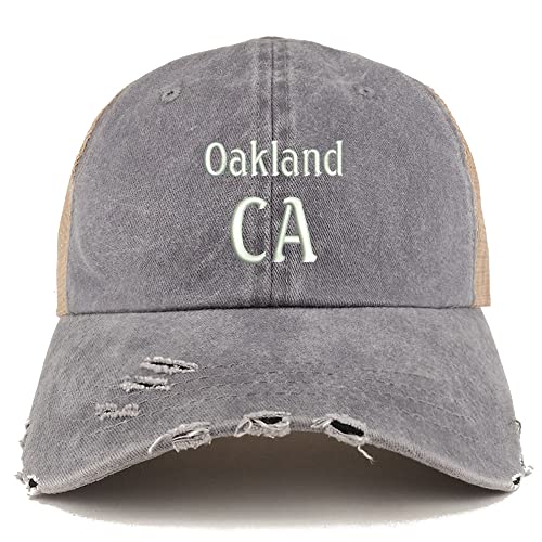 Trendy Apparel Shop Oakland CA Embroidered Frayed Bill Trucker Mesh Back Cap