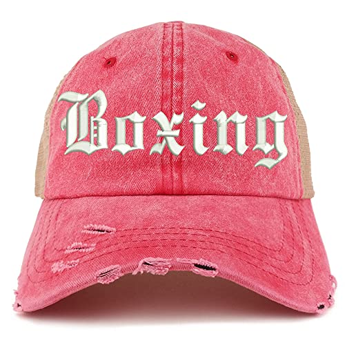Trendy Apparel Shop Old English Boxing Frayed Bill Trucker Mesh Back Cap