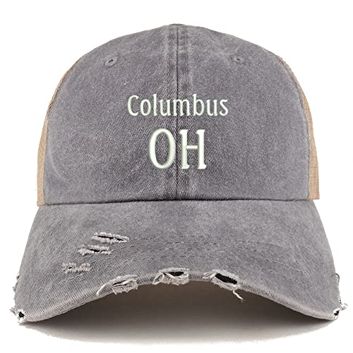 Trendy Apparel Shop Columbus OH Embroidered Frayed Bill Trucker Mesh Back Cap