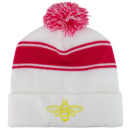 Trendy Apparel Shop Bee Embroidered Two Tone Pom Striped Long Beanie Hat