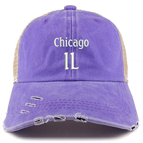 Trendy Apparel Shop Chicago IL Embroidered Frayed Bill Trucker Mesh Back Cap