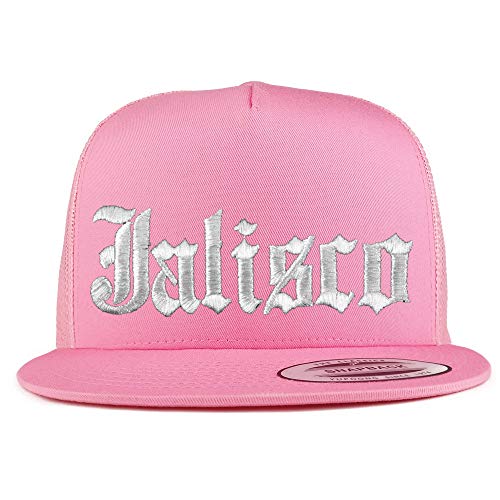 Trendy Apparel Shop Old English Jalisco White Embroidered 5 Panel Flatbill Trucker Mesh Cap