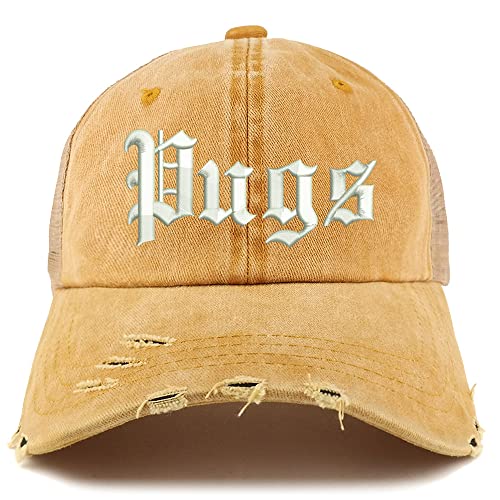 Trendy Apparel Shop Old English Pugs Frayed Bill Trucker Mesh Back Cap