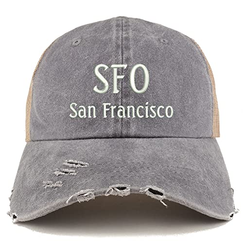 Trendy Apparel Shop SFO San Francisco Embroidered Frayed Bill Trucker Mesh Back Cap