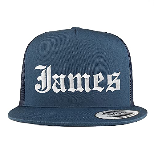 Trendy Apparel Shop James Old English 5 Panel Flatbill Trucker Cap