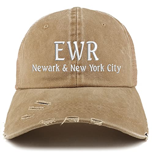 Trendy Apparel Shop EWR Newark and New York City Embroidered Frayed Bill Trucker Mesh Back Cap
