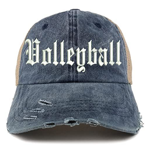 Trendy Apparel Shop Old English Volleyball Frayed Bill Trucker Mesh Back Cap