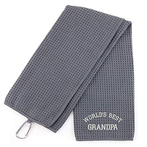 Trendy Apparel Shop World's Best Grandpa Embroidered Trifold Waffle Textured Microfiber Gold Towel with Carabiner