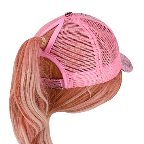Trendy Apparel Shop PU Snake Pattern Structured Trucker Mesh Ponytail Cap