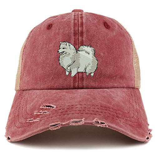 Trendy Apparel Shop Spitz Dog Embroidered Frayed Bill Trucker Mesh Back Cap